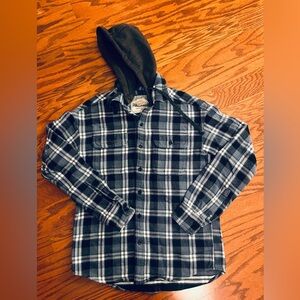 American Eagle Outfitters Plaid Detachable Hoodie Shirt - Navy, White, Blue XS